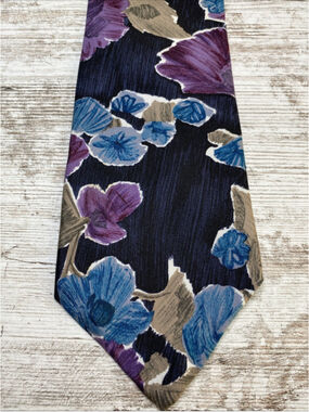Vintage 7th Ave Silk Tie Bold Floral Wide 3.9” Navy Purple Blue Statement